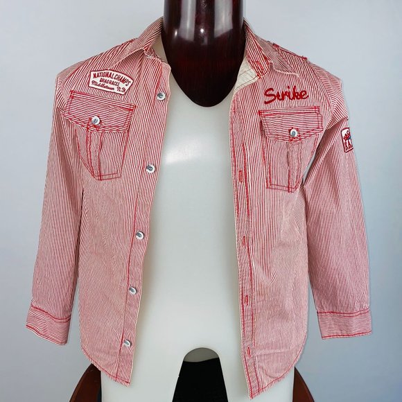 Strike Other - Strike Button Down Dragster Casual Dress Shirt Red Embroidery Patches